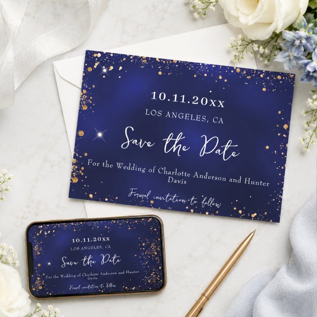 Wedding navy blue gold glitter winter save the date (Creator Uploaded)