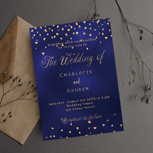 Wedding navy blue gold hearts elegant script invitation postcard