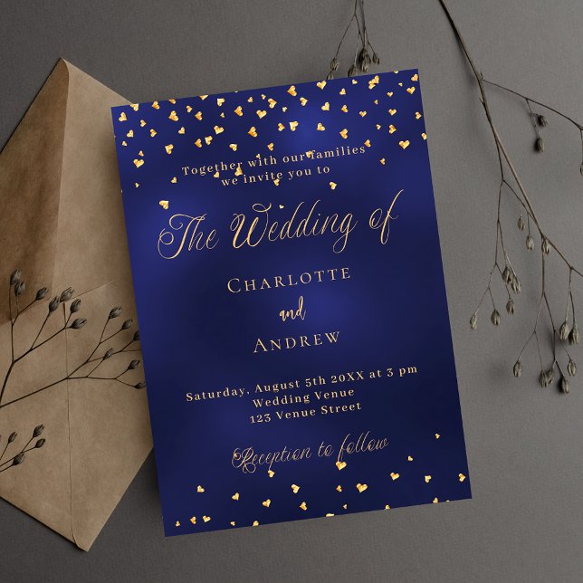 Wedding navy blue gold hearts script luxury invitation (Creator Uploaded)