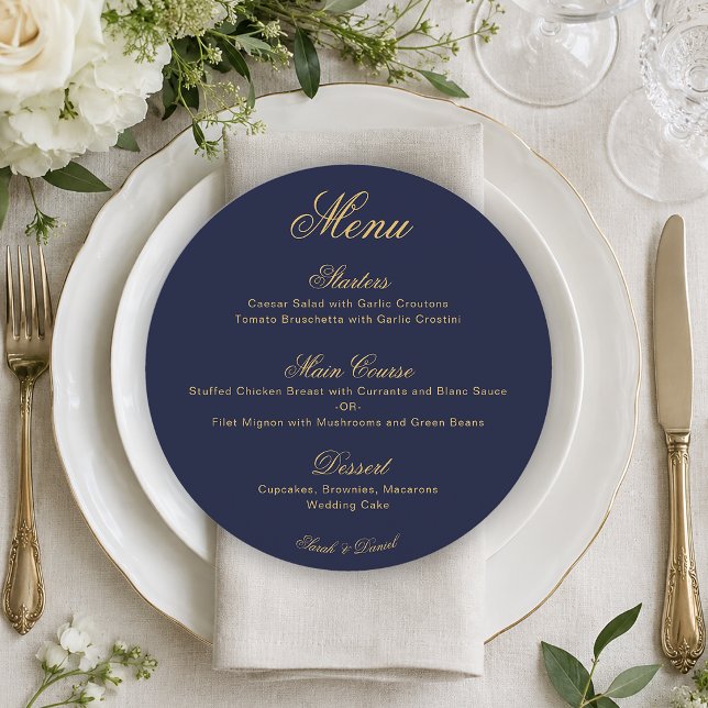 Wedding Navy Blue Gold Simple Calligraphy Round Menu (Creator Uploaded)