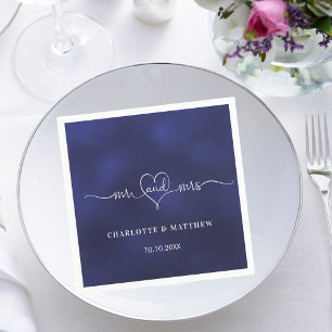 Wedding navy blue mr mrs heart script simple napkin