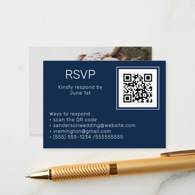 Wedding Navy Blue RSVP Online QR Code Photo   Enclosure Card (Front/Back In Situ)