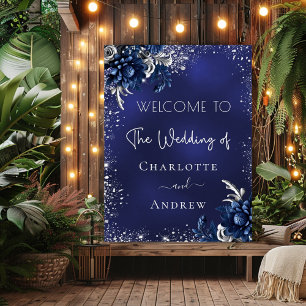 Wedding navy blue silver glitter flowers welcome poster