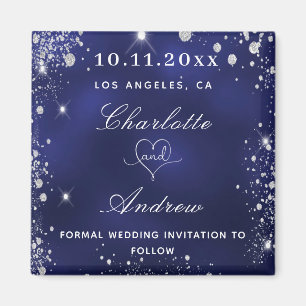 Wedding navy blue silver glitter save the date magnet