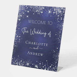 Wedding navy blue silver glitter welcome pedestal sign