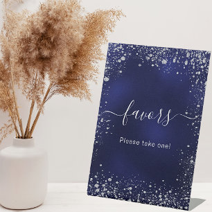 Wedding navy blue silver sparkles favours pedestal sign