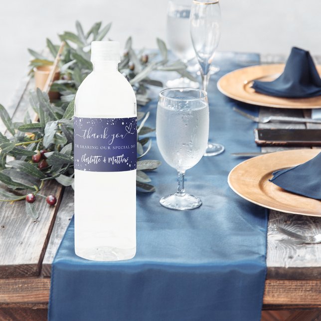 Wedding navy blue silver sparkles heart thank you water bottle label (Creator Uploaded)