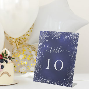 Wedding navy blue silver table number pedestal sign