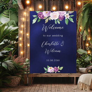 Wedding navy blue violet purple florals welcome poster