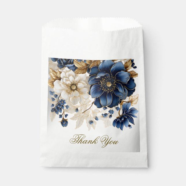Wedding Navy Blue White Golden Floral Silver Favour Bag (Front)