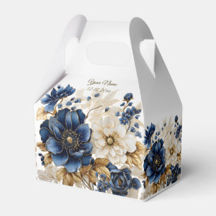 Wedding Navy Blue White Golden Floral Silver Favour Box