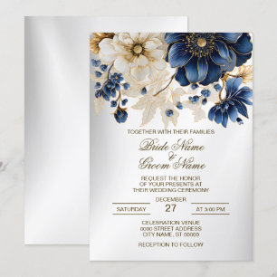 Wedding Navy Blue White Golden Floral Silver Invitation