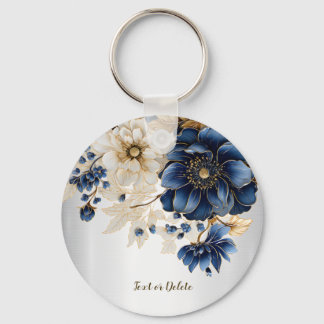 Wedding Navy Blue White Golden Floral Silver Key Ring