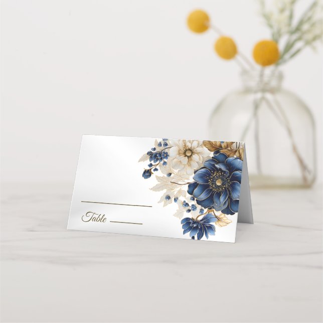 Wedding Navy Blue White Golden Floral Silver Place Card (Front)