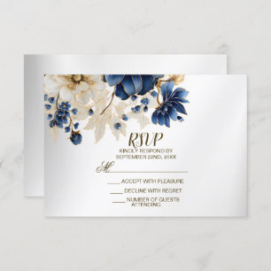 Wedding Navy Blue White Golden Floral Silver RSVP Card