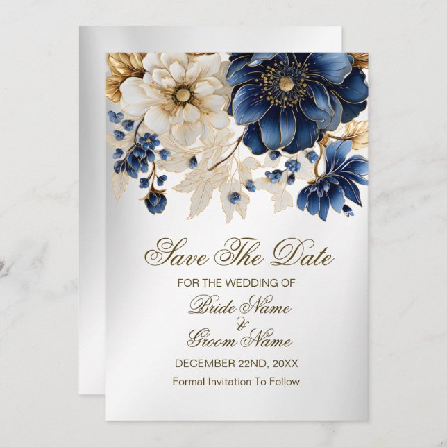 Wedding Navy Blue White Golden Floral Silver Save The Date (Front/Back)