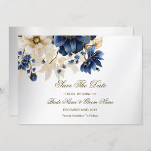 Wedding Navy Blue White Golden Floral Silver Save The Date