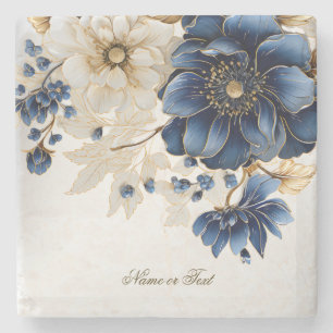 Wedding Navy Blue White Golden Floral Silver Stone Coaster