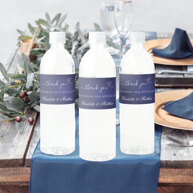 Wedding navy blue white heart thank you water bottle label (Creator Uploaded)