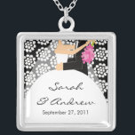 Wedding Necklace Bride & Groom Black White Floral<br><div class="desc">Bride & Groom wedding couple necklace featuring a beautiful couple set on a black and white a black & white   floral background!  Perfect gift for the newly wed Bride!</div>