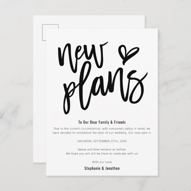 Wedding New Plans Save Date Stylish Script Announcement Postcard (Front/Back)