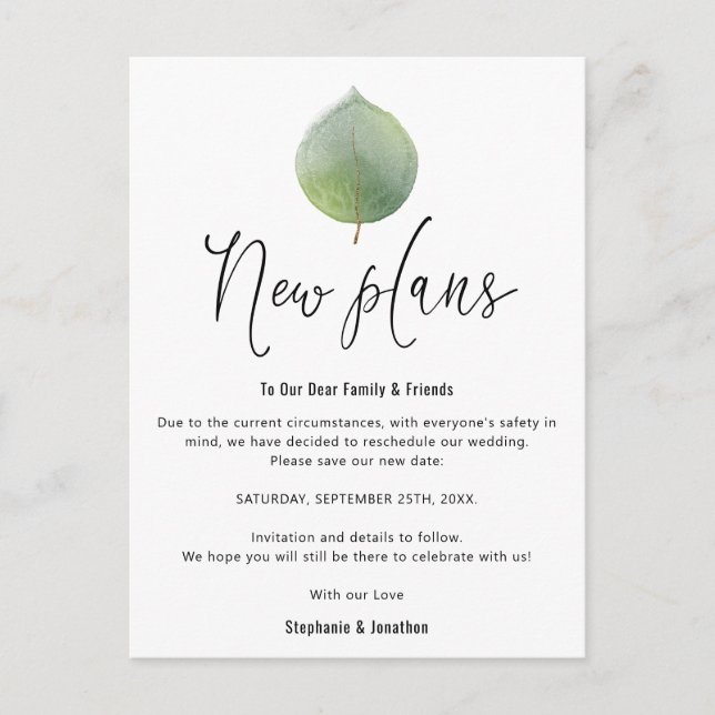 Wedding New Plans Save New Date Eucalyptus Announcement Postcard (Front)