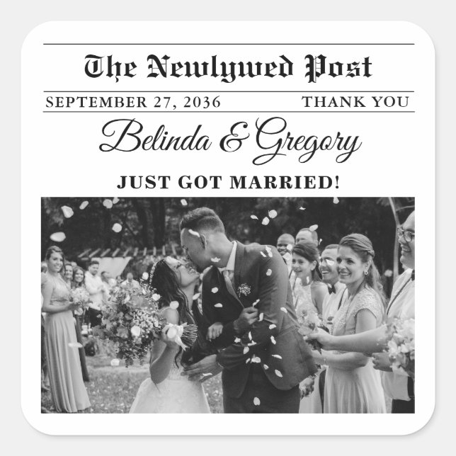 Wedding Newspaper Fun Black & White Photo Favour Square Sticker (Front)