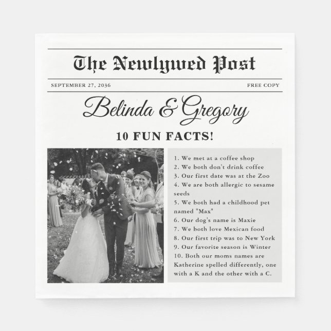 Wedding Newspaper Fun Black White Photo Fun Facts Napkin (Front)