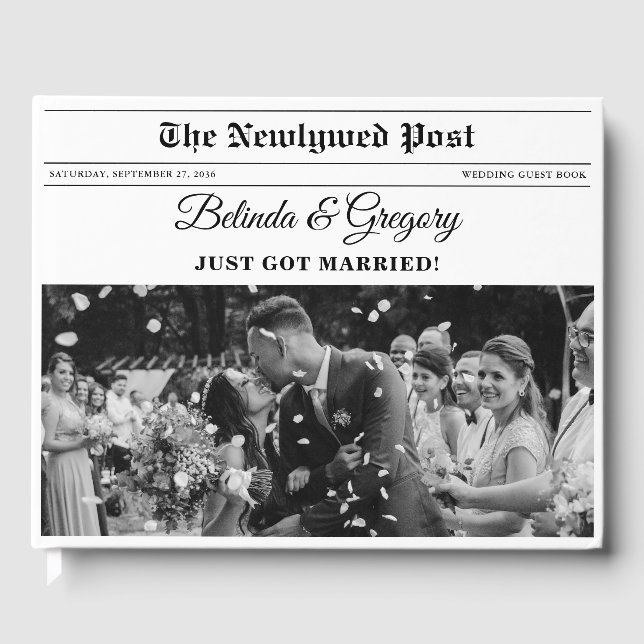 Wedding Newspaper Fun Black & White Photo Keepsake Guest Book (Front)