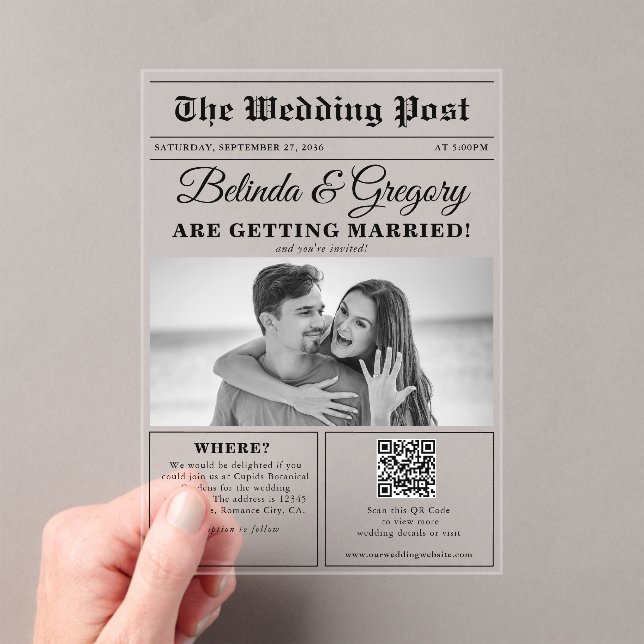Wedding Newspaper Fun Black & White Photo Wedding  Acrylic Invitations (Insitu (Handheld))