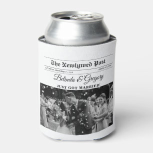 Wedding Newspaper Fun Black & White Photo Wedding  Can Cooler
