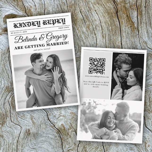 Wedding Newspaper Fun Black & White Photo Wedding  Enclosure Card (Wedding Newspaper Fun Black & White Photo Wedding Enclosure Card)