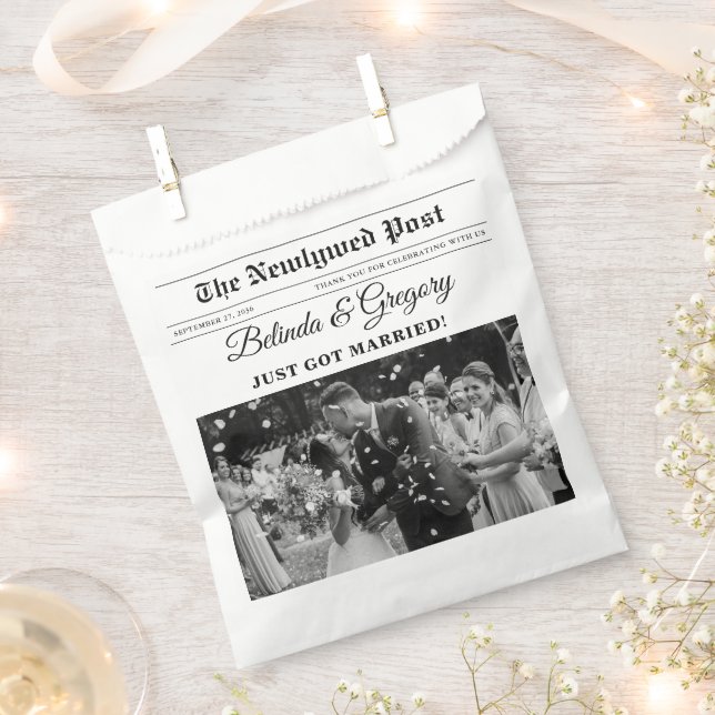 Wedding Newspaper Fun Black & White Photo Wedding  Favour Bag (Clipped)