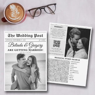 Wedding Newspaper Fun Black & White Photo Wedding Invitation