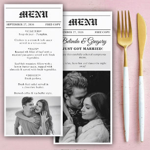 Wedding Newspaper Fun Black & White Photo Wedding Menu