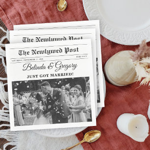 Wedding Newspaper Fun Black & White Photo Wedding  Napkin
