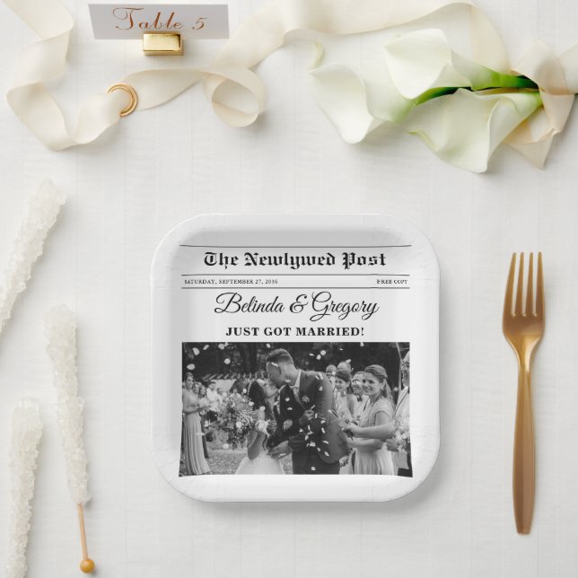 Wedding Newspaper Fun Black & White Photo Wedding  Paper Plate (Wedding)
