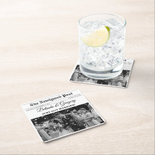 Wedding Newspaper Fun Black & White Photo Wedding  Square Paper Coaster