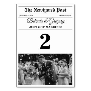 Wedding Newspaper Fun Black & White Photo Wedding  Table Number