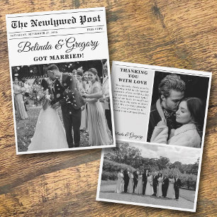 Wedding Newspaper Fun Black & White Photo Wedding Thank You Card