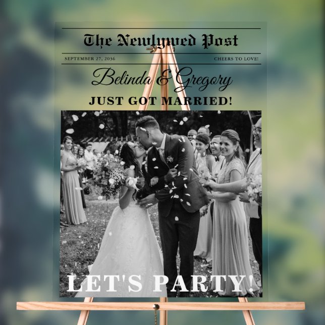 Wedding Newspaper Fun Black & White Photo Welcome Acrylic Sign (Neutral)