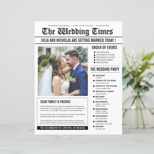 Wedding Newspaper Program Template (Standing Front)