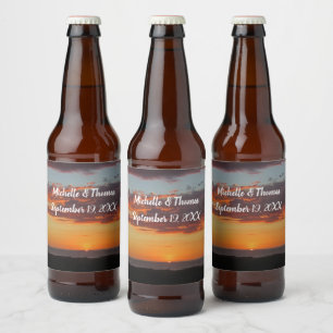 Wedding Ocean Sunset Bright Orange Sky Beach Beer Bottle Label