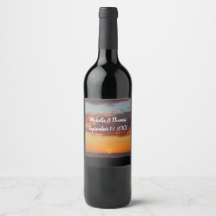 Wedding Ocean Sunset Bright Orange Sky Beach Wine Label
