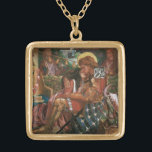 Wedding of St George, Princess Sabra by Rossetti Gold Plated Necklace<br><div class="desc">The Wedding of St. George and the Princess Sabra (1857) by Dante Rossetti is a vintage Victorian Pre-Raphaelite fine art love and romance portrait painting. A romantic mediaeval scene with Princess Sabra threading a lock of her hair through St George's helmet. A classic fairy tale with a knight in shining...</div>