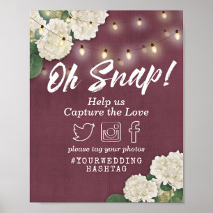 Wedding Oh Snap Hashtag Hydrangeas & String Lights Poster