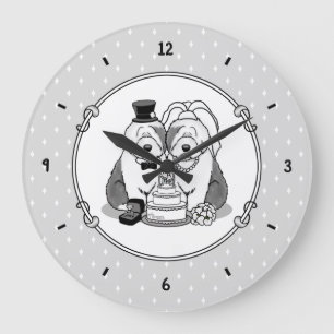 Wedding Old English Sheepdogs Bride Groom Gray 1 Large Clock