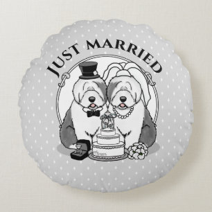 Wedding Old English Sheepdogs Bride Groom Grey 1 Round Cushion
