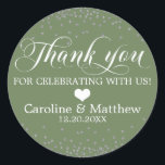 Wedding Olive Green Sparkle Silver THANK YOU Classic Round Sticker<br><div class="desc">Lovely calligraphy script thank you stickers to add to your envelopes and/or gifts favours.  Olive Forest Green background (can be changed to any colour) colour with faux silver glitter confetti.  Perfect for any occasion. Editable template labels.</div>