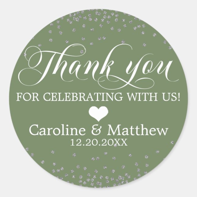 Wedding Olive Green Sparkle Silver THANK YOU Classic Round Sticker (Front)